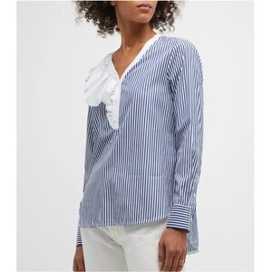 Harshman Vivienne Striped Ruffle-Trim Tunic Blouse Blue White Size L